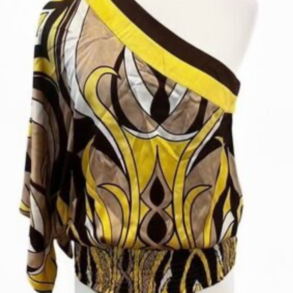 Bebe Yellow And Brown Patterned One-Shoulder Top - image 1